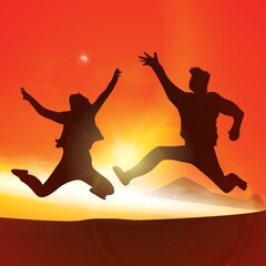 Fototapeta na wymiar Silhouette of a couple jumping