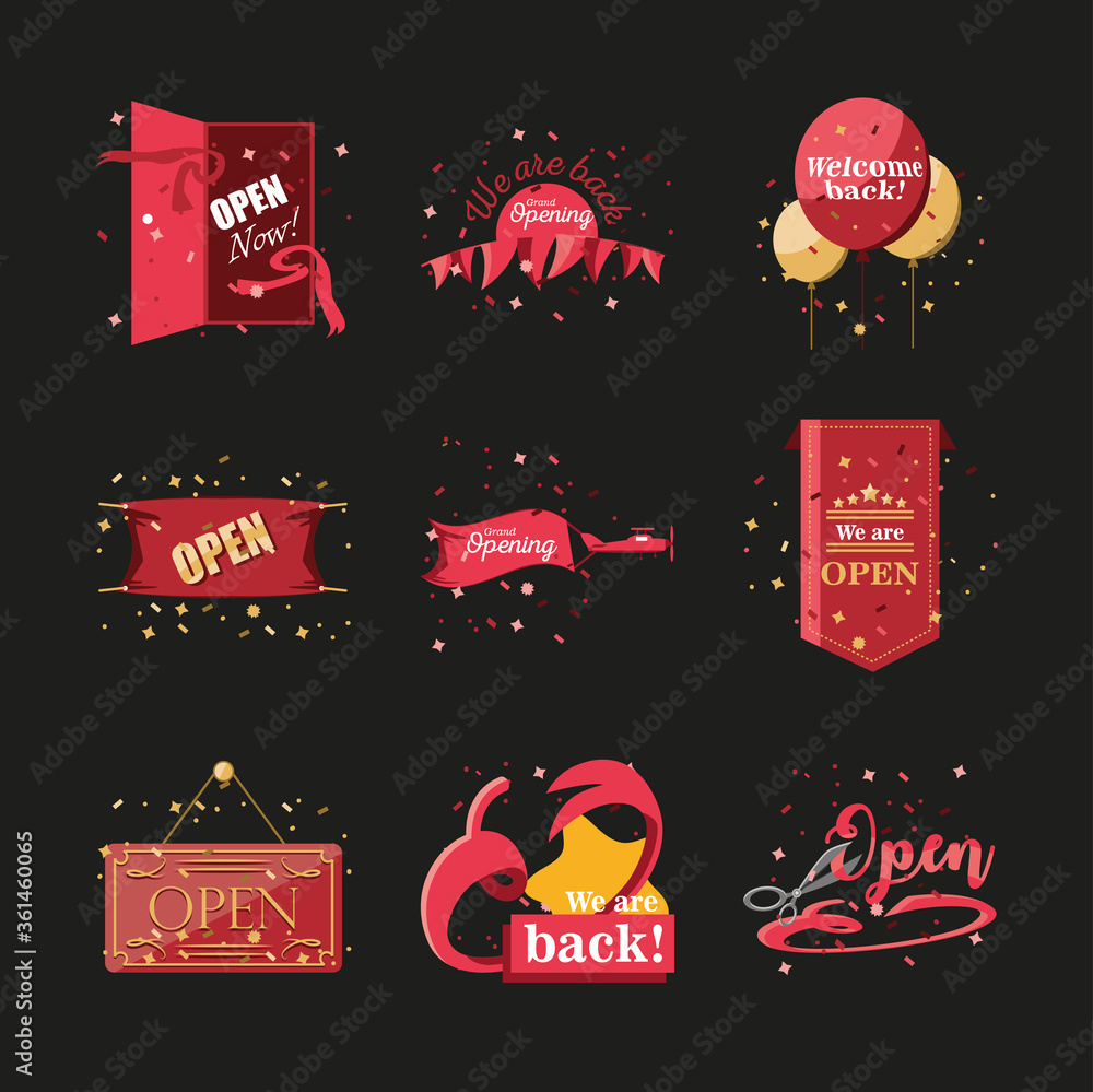 Poster welcome and open day detailed style icon set vector design
