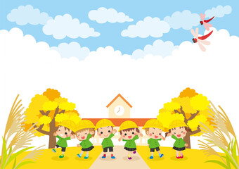 Obraz na płótnie Canvas 秋の日に幼稚園の前に集まる可愛い子どもたち
