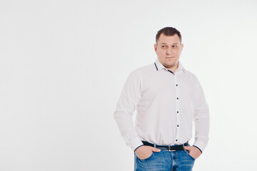 Fototapeta premium a man in a business suit running and gesturing on white background