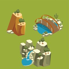 Isometric mountain lake and bridge