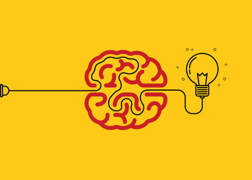 Creative idea thinking outstanding, inspiration, brainstorm, innovation, solution and imagination development. Light bulb with the maze human brain meaning solve problem. Vector illustration