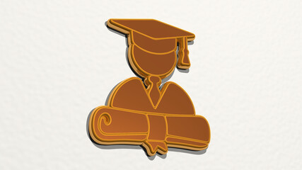 ACADEMIC ACHIEVEMENT AND GRADUATION from a perspective on the wall. A thick sculpture made of metallic materials of 3D rendering. education and college