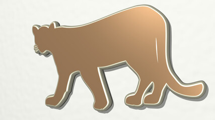 BIG CAT WALKING from a perspective on the wall. A thick sculpture made of metallic materials of 3D rendering. illustration and background