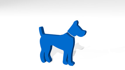 dog on the wall. 3D illustration of metallic sculpture over a white background with mild texture. animal and cute