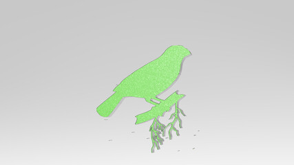 bird on the wall. 3D illustration of metallic sculpture over a white background with mild texture. animal and beautiful