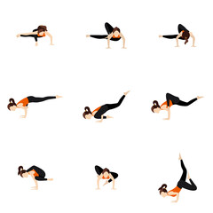 Difficult advanced arm balances yoga poses set/ Illustration stylized woman practicing arm balance variations