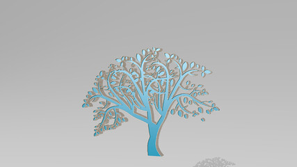 tree on the wall. 3D illustration of metallic sculpture over a white background with mild texture. christmas and beautiful