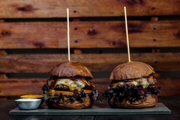 burger on top of wood