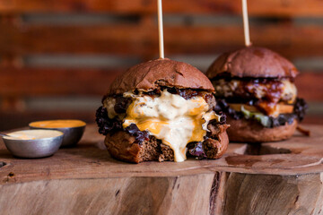 burger on top of wood