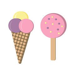 ice cream in a waffle cone three colored balls and on a stick, isolated on a white background, color vector illustration in flat style, design, decoration, banner
