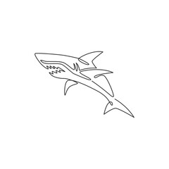 Single continuous line drawing of aggressive shark for nature adventure company logo identity. Wildlife sea fish animal concept for safe ocean organization mascot. One line draw design illustration