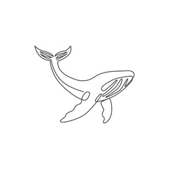 One continuous line drawing of giant whale for water aquatic park logo identity. Big ocean mammal animal mascot concept for environment organization. Trendy single line draw design illustration vector