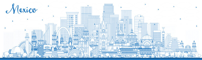 Fototapeta premium Outline Mexico (Country) City Skyline with Blue Buildings.
