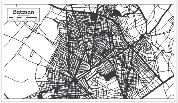 Batman Turkey City Map in Black and White Color in Retro Style. Outline Map.