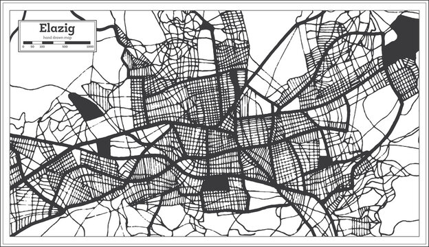 Elazig Turkey City Map in Black and White Color in Retro Style. Outline Map.