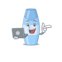 A neat cartoon character of shampoo l working at home during pandemic