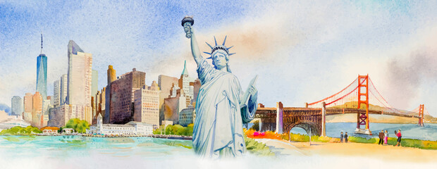  Travel Manhattan urban, Statue Liberty, Golden gate bridge in USA.