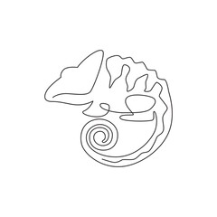One continuous line drawing of beauty chameleon with spiral tail mascot concept for reptilian pet lover society. Exotic reptile animal for company logo identity. Single line draw design illustration © Simple Line