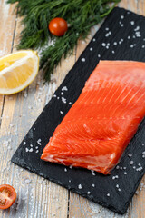 Trout fillet steak, fresh, orange and pink, close up