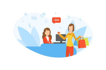 Friendly Saleswoman and Young Woman Buyer Paying for Goods at the Checkout, Girl on Seasonal Sale Vector Illustration