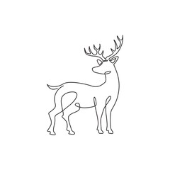 Single continuous line drawing of elegance cute deer for national zoo logo identity. Luxury buck mascot concept for animal hunting club. Modern one line draw graphic vector design illustration