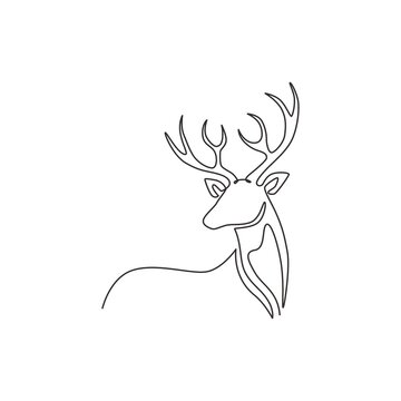 Single continuous line drawing of elegance cute deer for national zoo logo identity. Luxury buck mascot concept for animal hunting club. Modern one line graphic vector draw design illustration