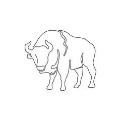 Single continuous line drawing of elegance american bison for multinational company logo identity. Luxury bull mascot concept for matador show. Trendy one line draw design vector graphic illustration