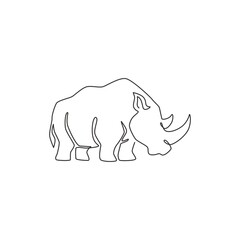 One continuous line drawing of strong white rhinoceros for company logo identity. African rhino animal mascot concept for national zoo safari. Single line draw design illustration vector graphic
