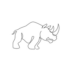 Single continuous line drawing of big African rhinoceros for conservation national park logo identity. Rhino animal mascot concept for national zoo safari. One line draw design vector illustration