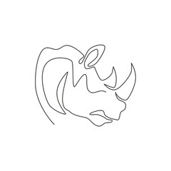 One single line drawing of strong rhinoceros head for conservation national park logo identity. African rhino animal mascot concept for national zoo safari. Continuous line draw design illustration