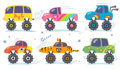 Cartoon monster trucks set. Childish retro heavy transport with big wheels. Vector illustrations for children toys, racing, funny cars, robotics concept © SurfupVector