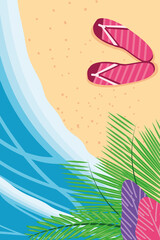 Fototapeta na wymiar Beach with sea sandals and leaves top view detailed style icon vector design