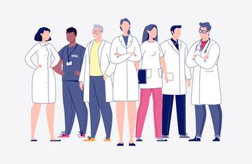 Team of doctors in cartoon style. The concept of the medical team. Doctors, nurses, orderlies - medical staff. Vector. Illustration in flat style.