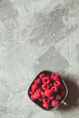 Raspberry on a gray background. Healthy food, vintage style
