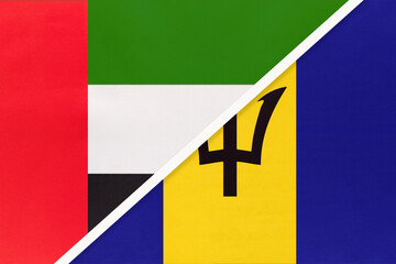 United Arab Emirates and Barbados, symbol of national flags from textile. Championship between two countries.