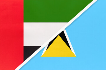 United Arab Emirates and Saint Lucia, symbol of national flags from textile. Championship between two countries.