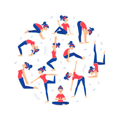 Young Woman Practicing Various Asana Poses, Yoga Lessons Pattern of Round Shape Flat Vector Illustration