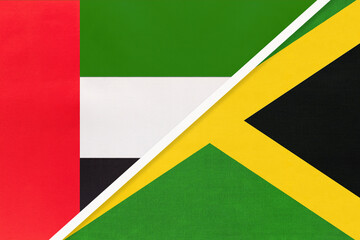 United Arab Emirates and Jamaica, symbol of national flags from textile. Championship between two countries.