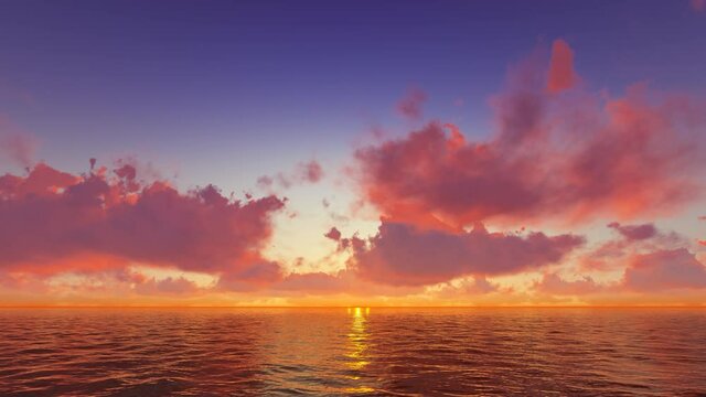 Cinematic 4K 3D animation of a calm ocean sunset with gentle rolling water waves under dramatic pink and orange clouds reflecting the golden sun on the horizon