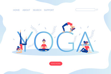 Yoga Landing Page Template, Young Woman Practicing Various Asana Poses, Yoga School Studio, Online Yoga Class Flat Vector Illustration