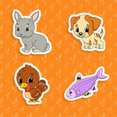 Set of bright color stickers for kids. Cute cartoon characters. Vector illustration isolated on color background.