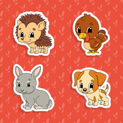 Set of bright color stickers for kids. Cute cartoon characters. Vector illustration isolated on color background.