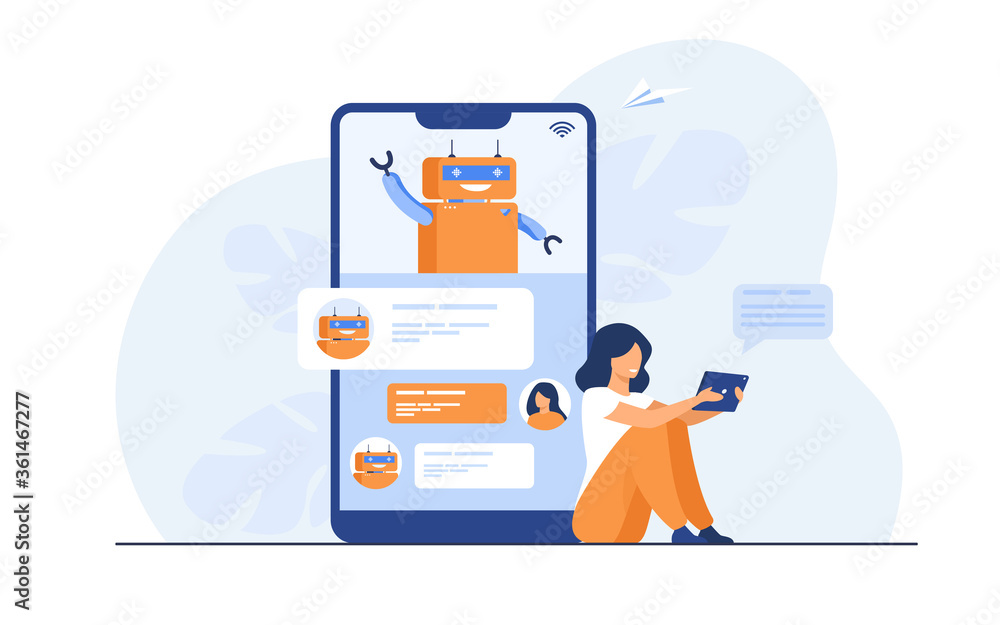 Aufkleber tiny woman using mobile assistant with chatbot isolated flat vector illustration. modern customer su