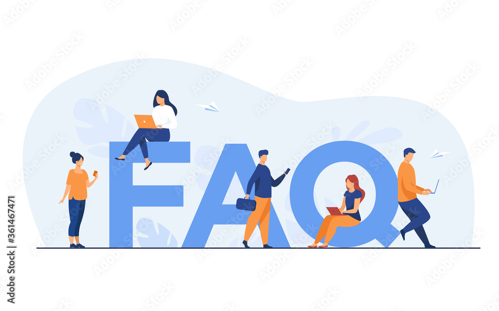 Poster tiny people sitting and standing near giant faq isolated flat vector illustration. cartoon users ask