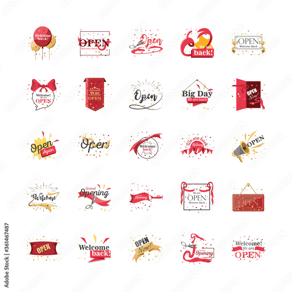 Poster welcome and open day detailed style icon set vector design