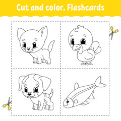 Cut and color. Flashcard Set. Coloring book for kids. Cartoon character.