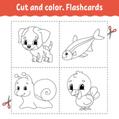 Cut and color. Flashcard Set. Coloring book for kids. Cartoon character.