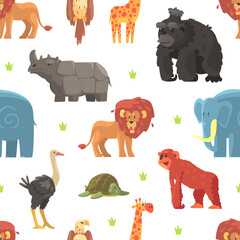 Cute Wild Jungle Animals Seamless Pattern, Design Element Can Be Used for Fabric, Wallpaper, Packaging, Web Page, Background Vector Illustration