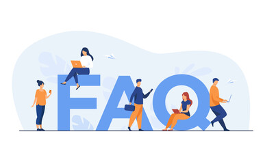 Tiny people sitting and standing near giant FAQ isolated flat vector illustration. Cartoon users asking questions and getting answers. Help, instruction and support information concept - obrazy, fototapety, plakaty